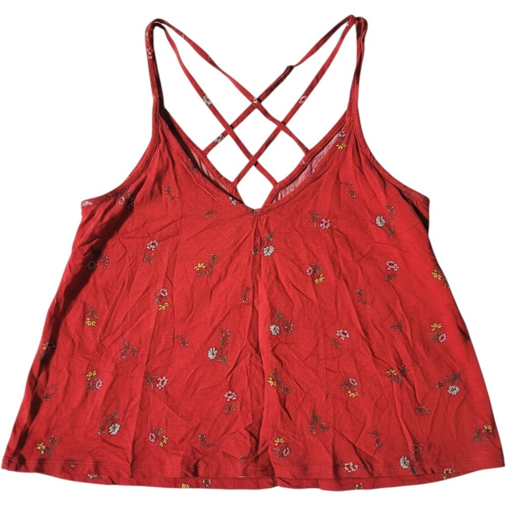 Hollister Red Floral Lattice Strappy Back Cami Top Womens Medium V-Neck Boho